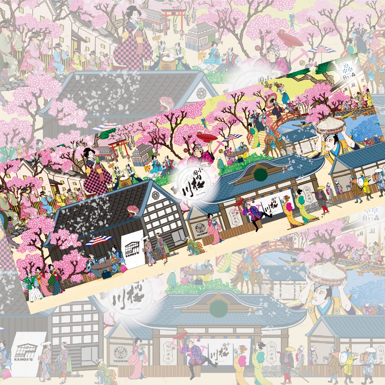 オリジナル手拭い　桜川現代江戸図屏風柄（3枚セット）